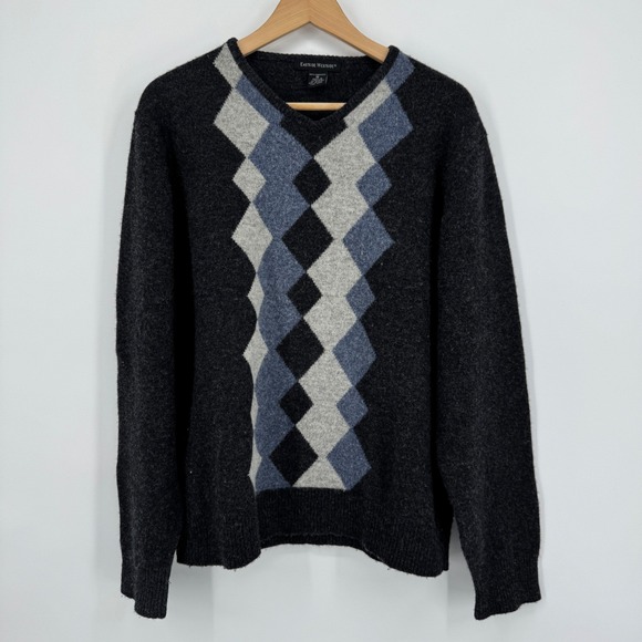 Eastside Westside Mens V Neck Argyle Sweater Lambswool Medium Dark Gray Blue - Picture 3 of 8
